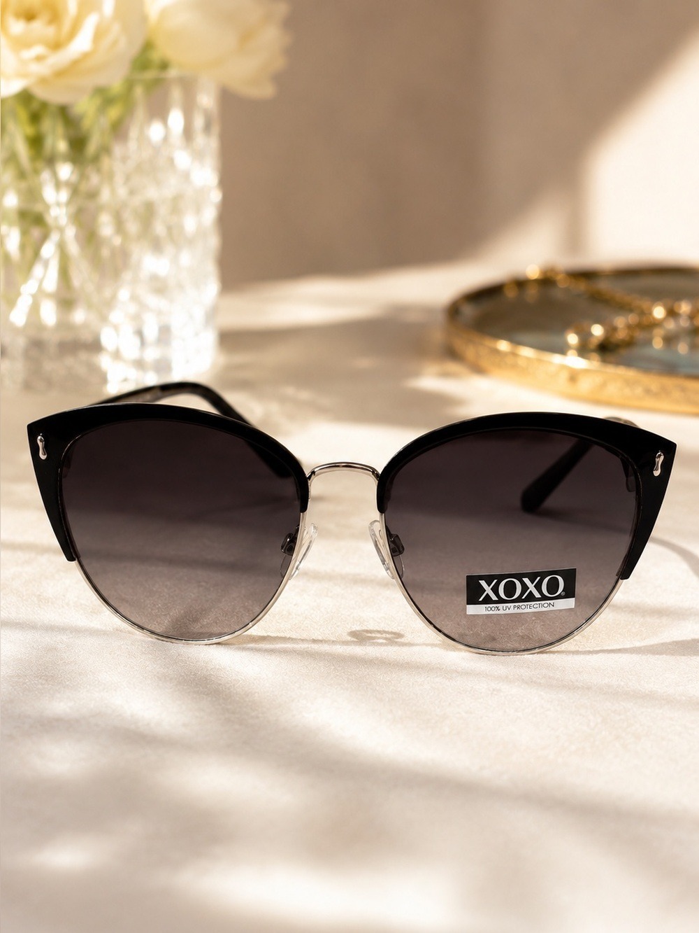Black XOXO Cat Eye Sunglasses Silver Metal Frame Y2K Glam Retro Chic